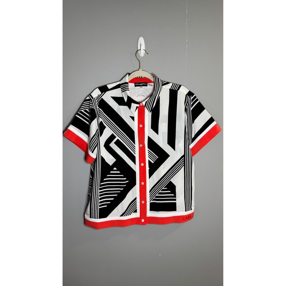 Karl Lagerfeld Paris Womens Large Geometric Abstract Short Sleeve Button Up Top
